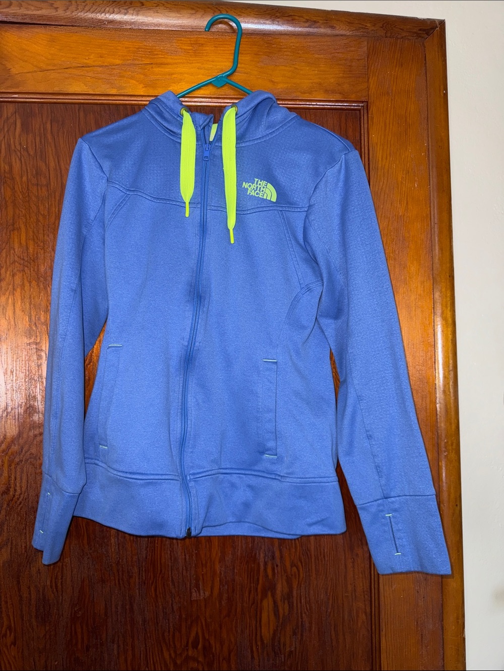 The North Face Women's Blue Zip-Up Hoodie with Neon Drawcords